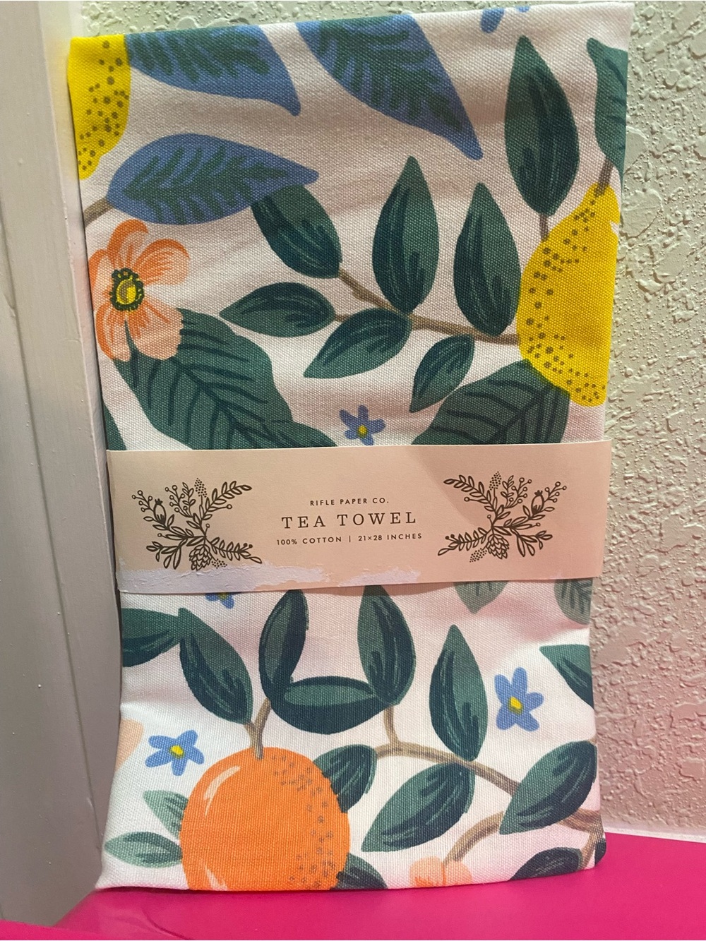 Rifle Paper Co. Citrus & Leaf Cotton Tea Towel - White, Green, Orange, Yellow